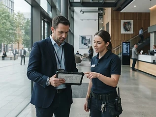 Facility-Manager mit Tablet im Gebäude