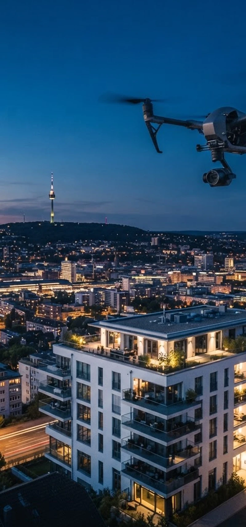 Inspektionsdrohne nimmt ein Gebäude von oben auf