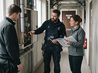 Handwerksbetrieb und Sachverständiger im Gespräch im Gebäude