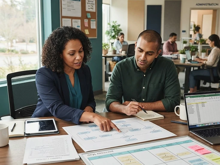 Two healthcare operations professionals reviewing a process map and readiness checklist together