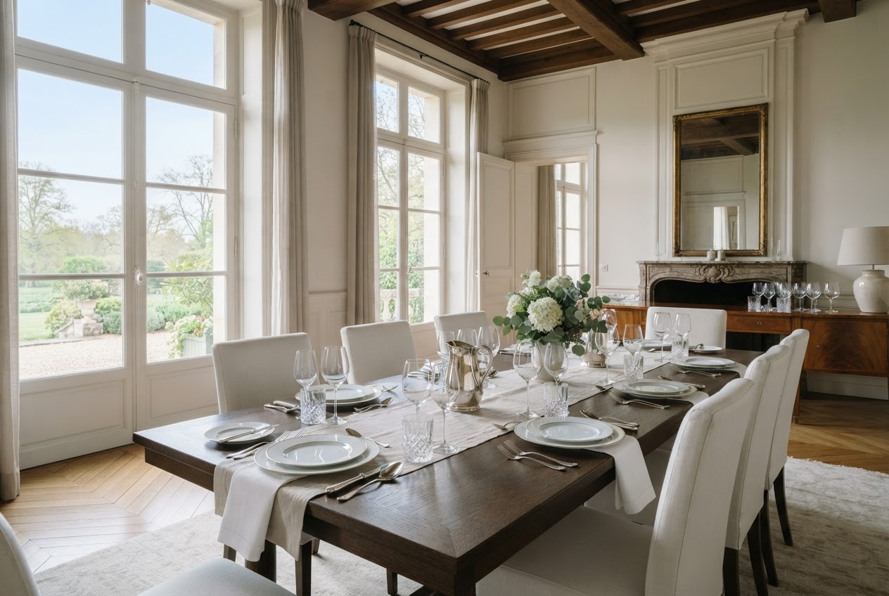 A formally set dining table in a quiet luxury estate