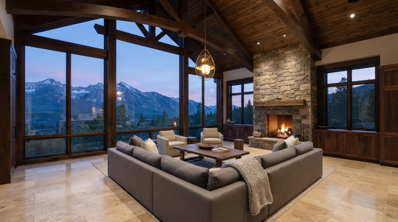 Architectural interior of a luxury mountain estate at blue hour