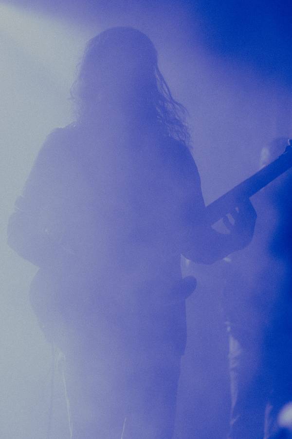 Fish playing bass guitar under deep blue stage lighting