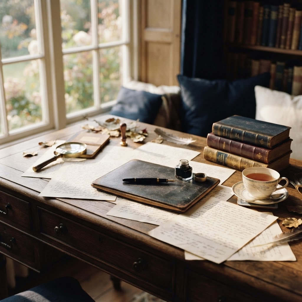 An elegant writing desk with manuscripts, books, and a fountain pen in warm natural light