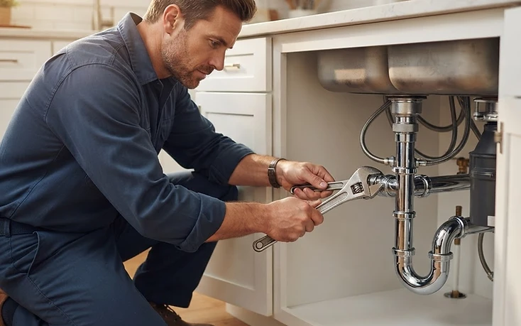 Plumber repairing pipes under a kitchen sink