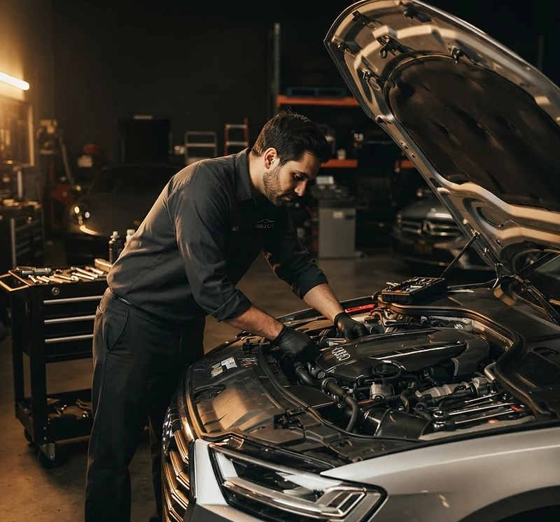 Mobile mechanic working on a luxury European sedan