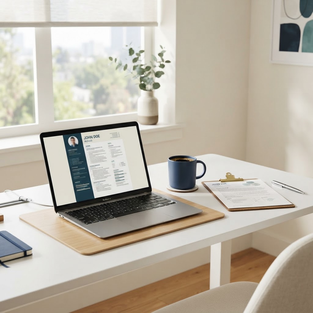 A polished resume document on a laptop in a clean modern workspace