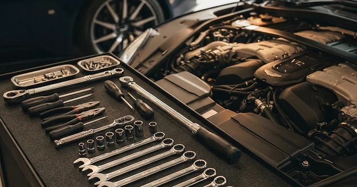 Organized professional mechanic tools beside an open engine bay