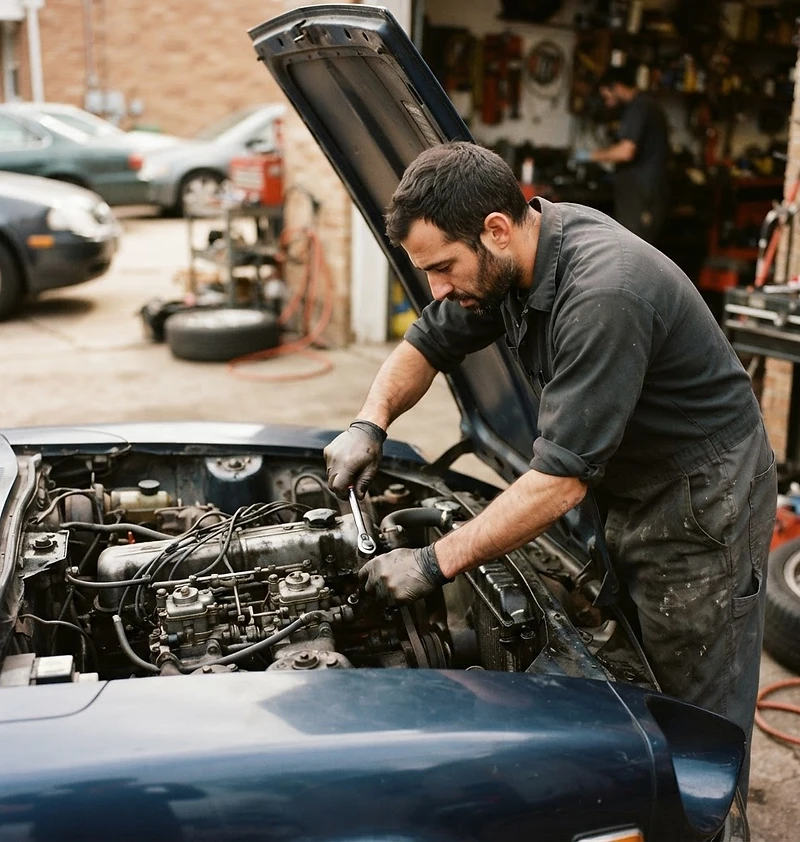 Mobile mechanic working on a vehicle engine