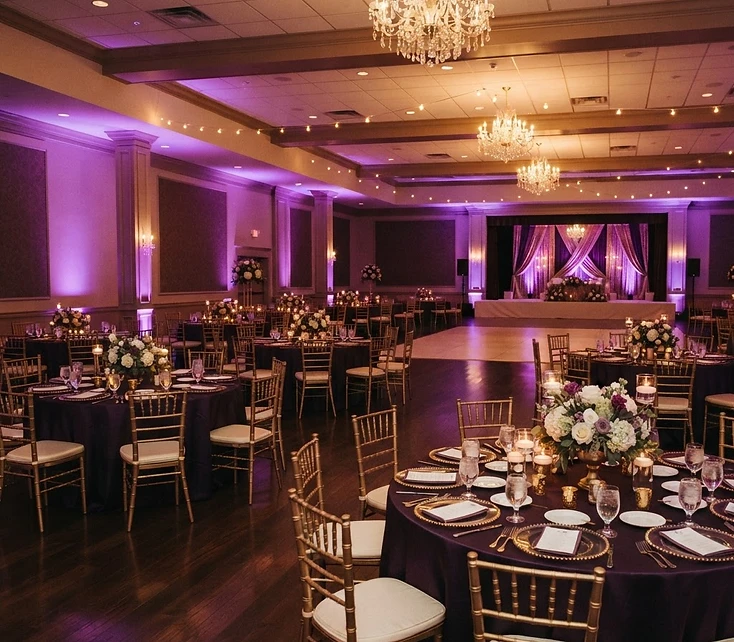Elegant event venue with purple uplighting