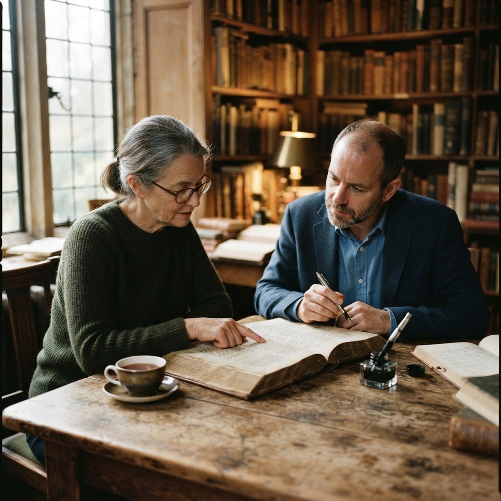 Two people reading a manuscript together at a wooden table in warm light