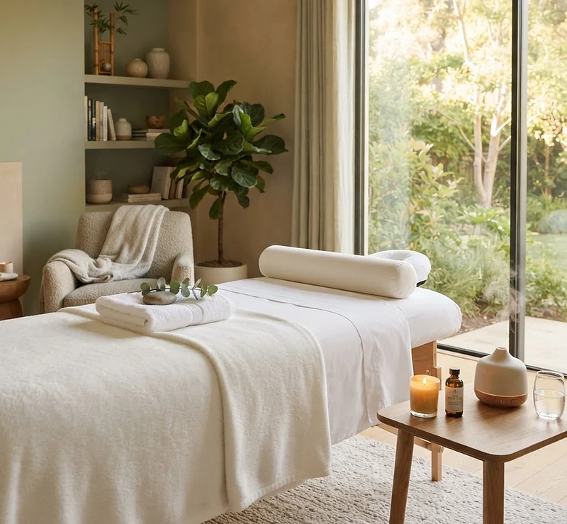 Serene professional massage setup in a calm upscale interior