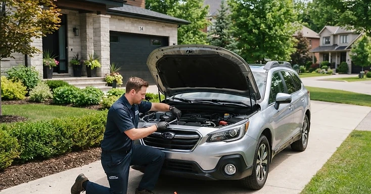Mobile mechanic repairing a car in a residential driveway