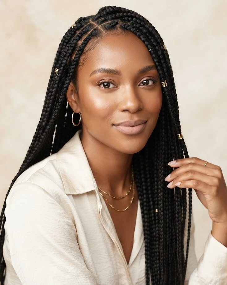Woman with beautifully styled knotless braids