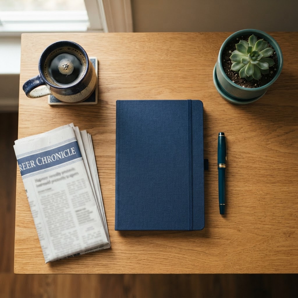 A tidy professional desk with a notebook, laptop, and coffee