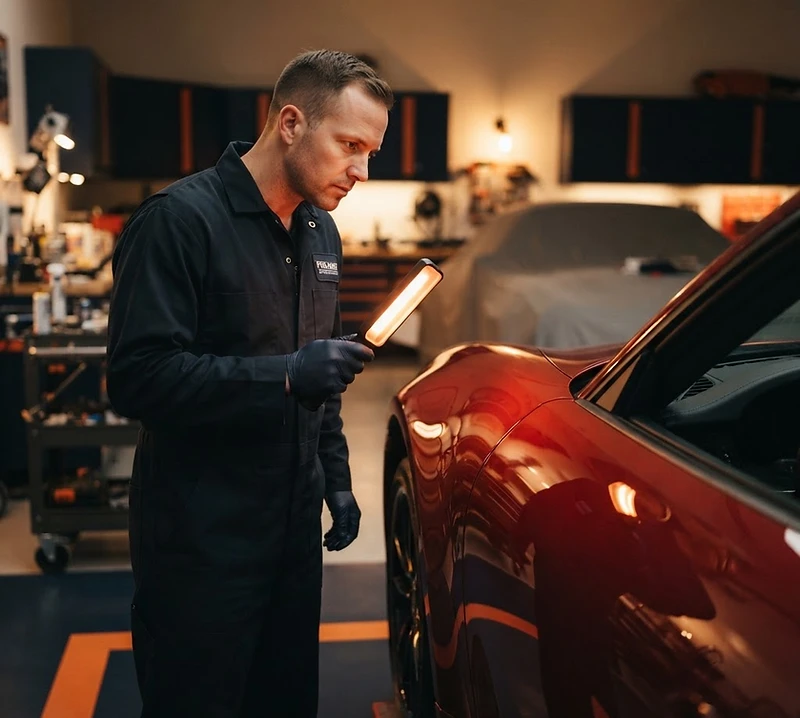 Auto body technician inspecting a freshly repainted car panel