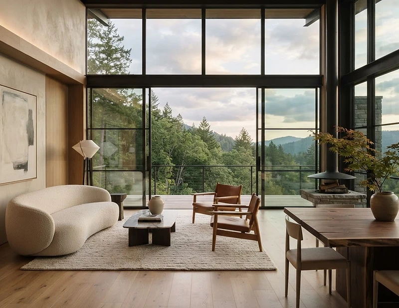 Dramatic modern architectural interior with soft natural light