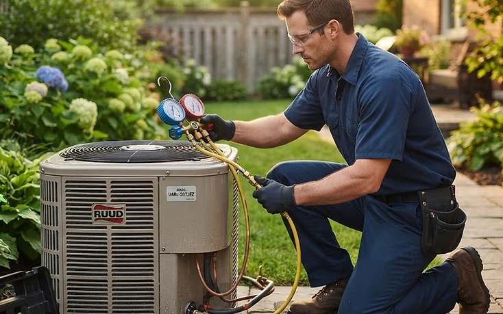 HVAC technician servicing an outdoor air conditioning unit