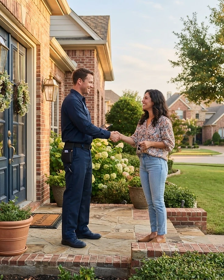 Technician shaking hands with a homeowner on a front porch