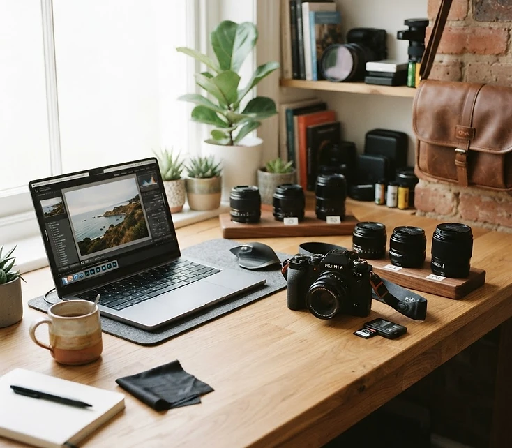 Professional camera equipment and editing workspace