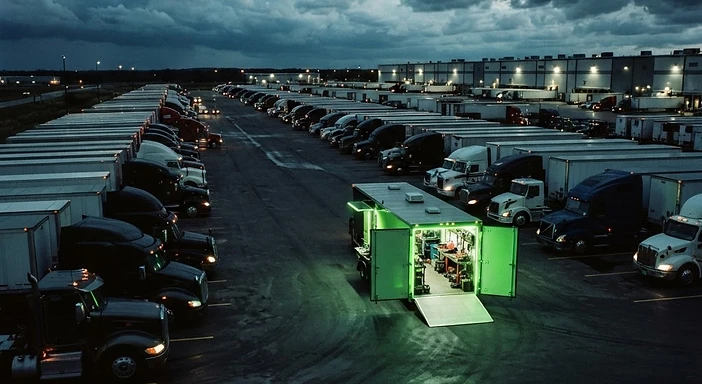 Fleet of semi-trucks at a logistics depot at dusk with J & S mobile service trailer