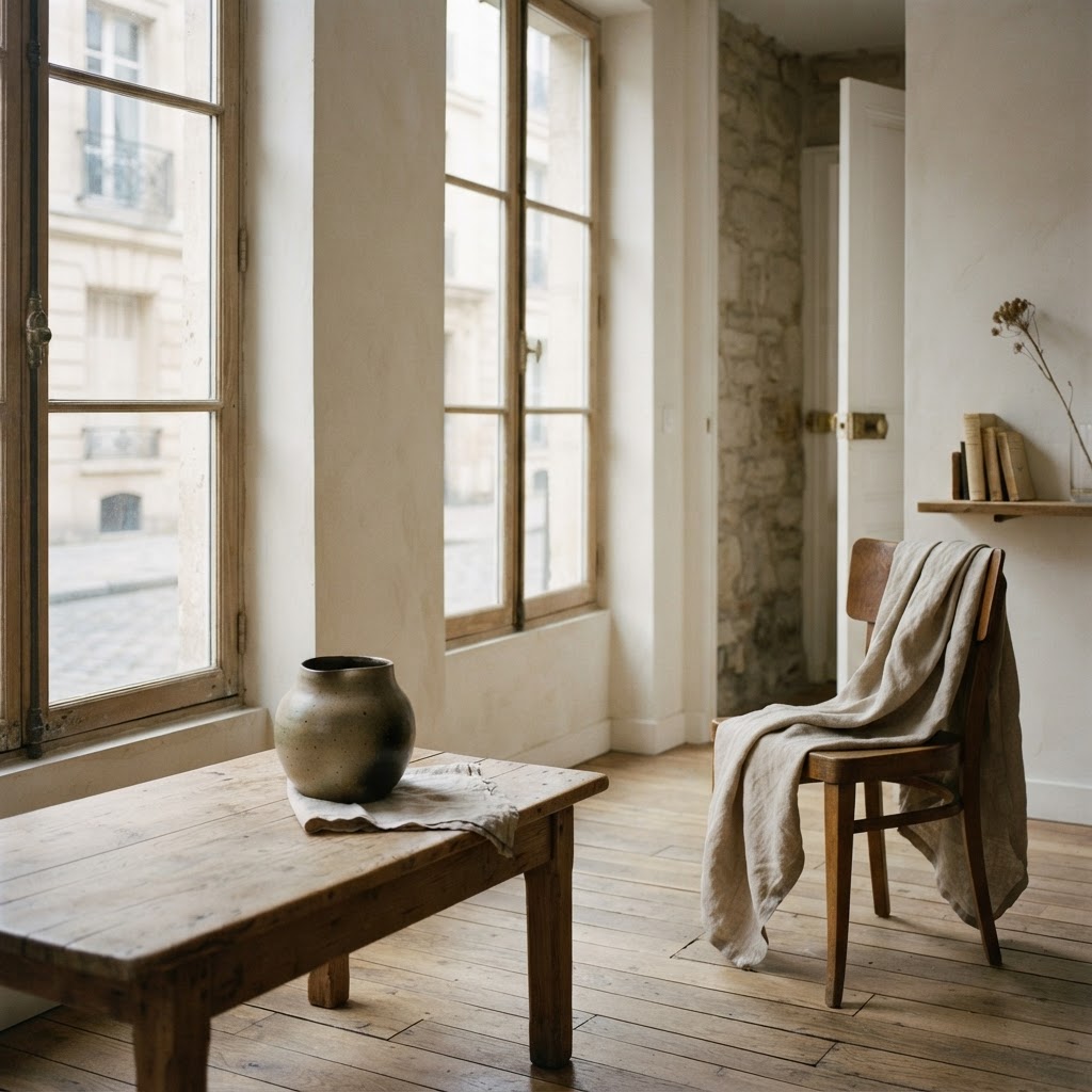 A considered interior — morning light, a linen chair, a single vessel