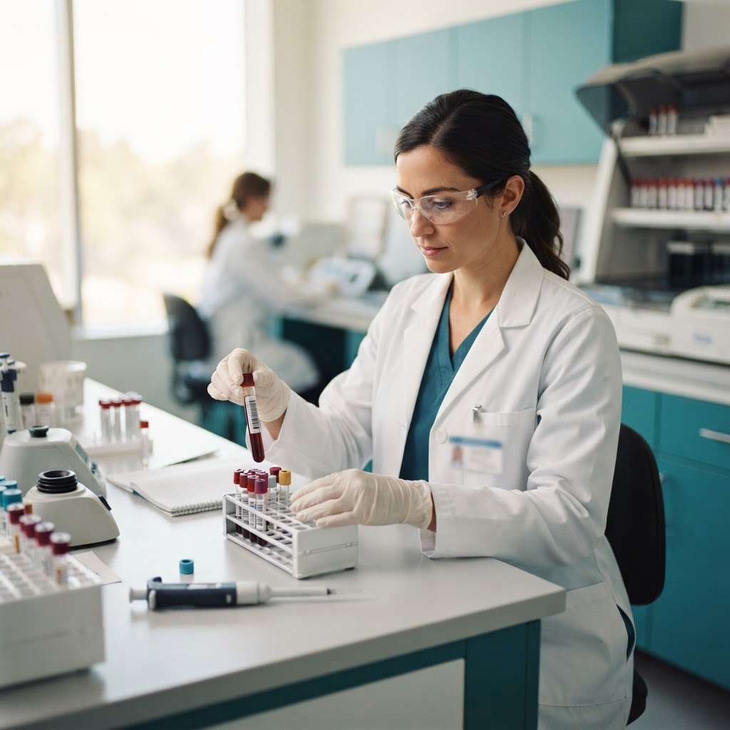 Laboratory scientist handling barcoded specimens