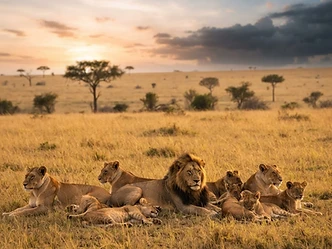 A pride of lions resting on golden savanna grassland in the Masai Mara, Kenya