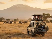 Safari vehicle on open plains with elephants and Mount Kilimanjaro behind