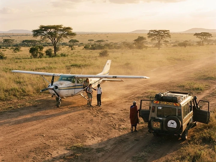 Light aircraft on a bush airstrip with a safari vehicle waiting in the Kenyan savanna