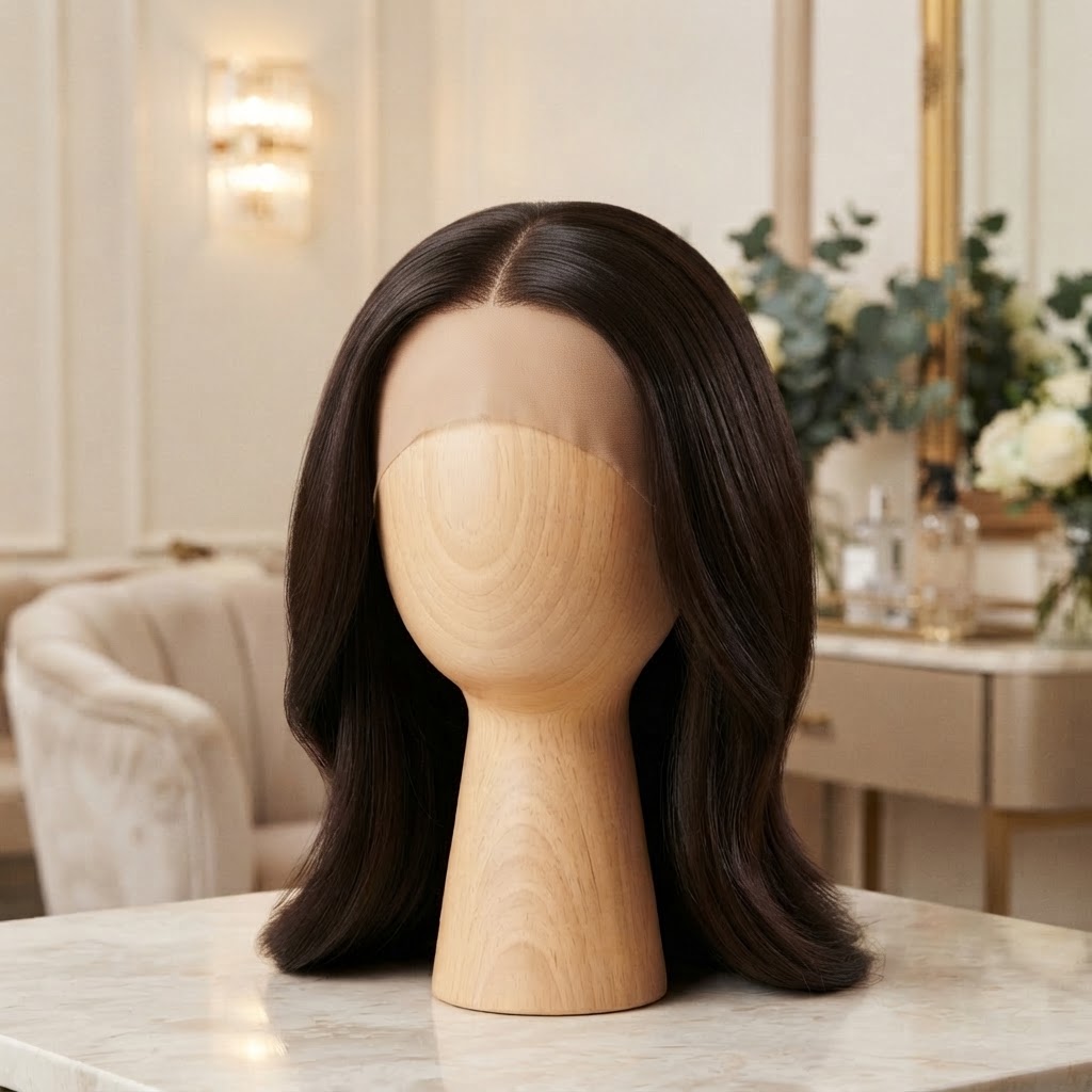 Handcrafted human hair topper on display stand