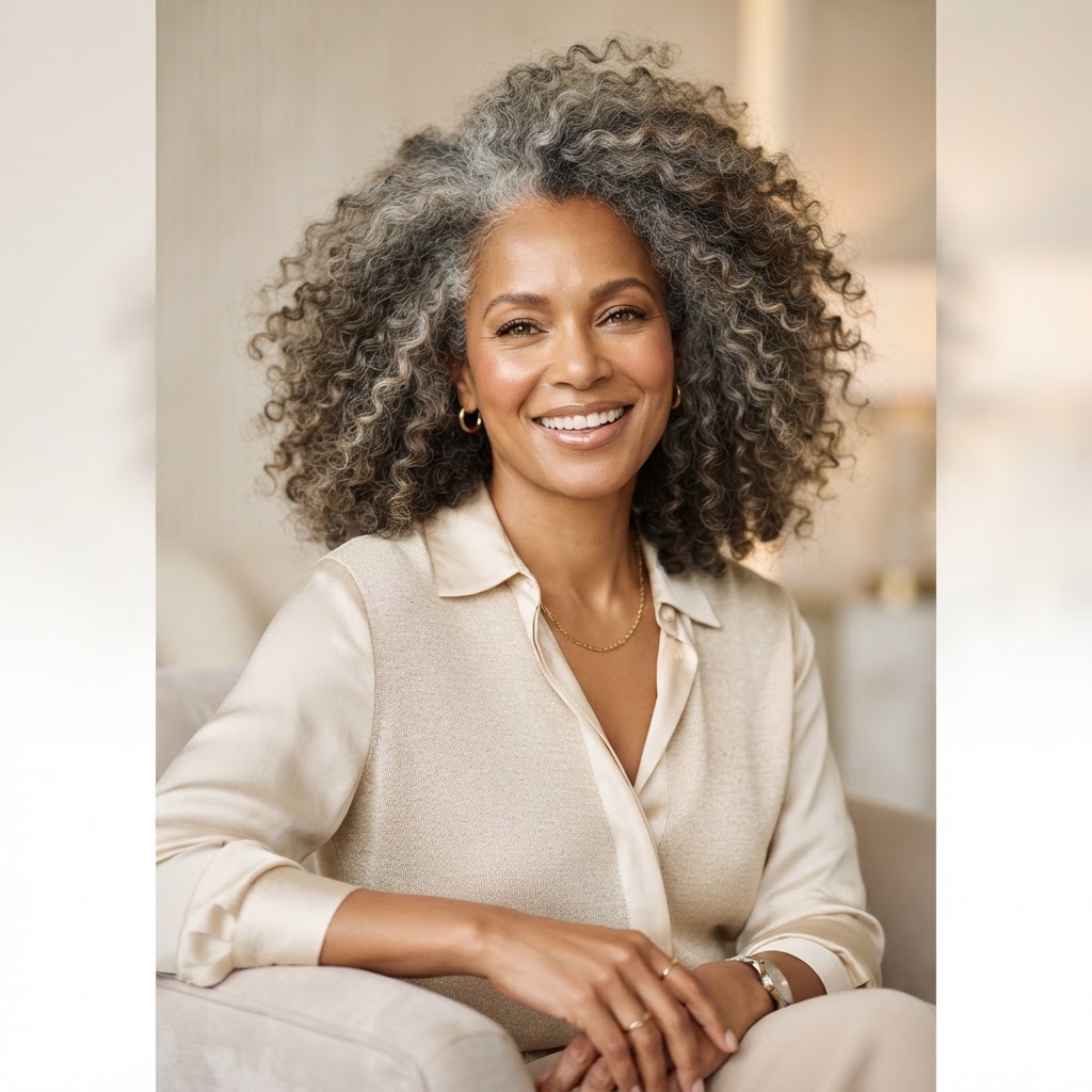 Confident woman with voluminous, naturally blended hair