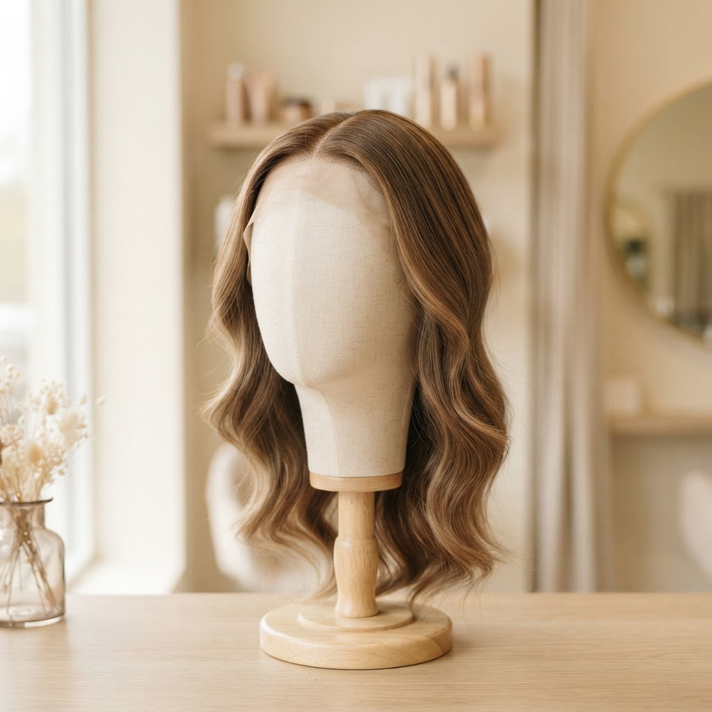 Handcrafted human hair topper on display stand