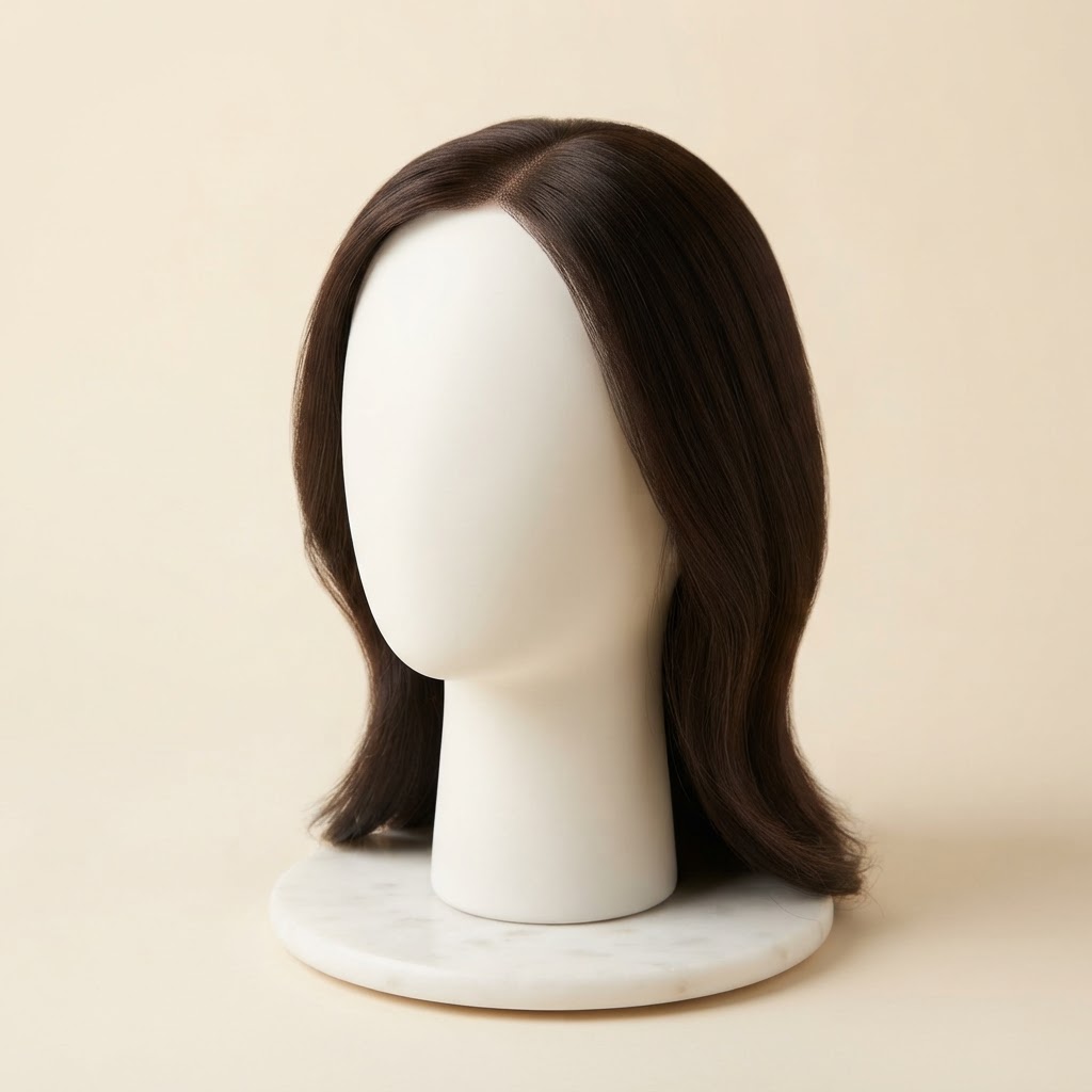 Handcrafted human hair topper on display stand