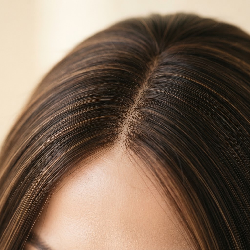 Close-up of a seamlessly blended hair topper hairline
