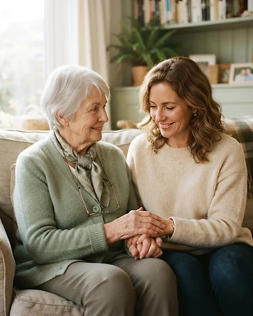 A daughter holding her mother's hand