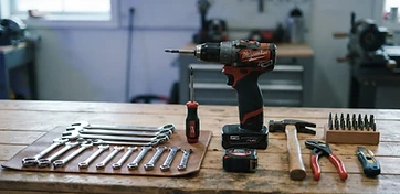 Organised professional tools on a workbench