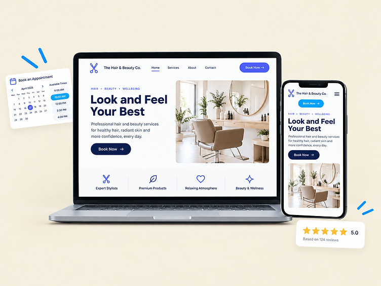 Website for a local hair salon on a laptop and phone