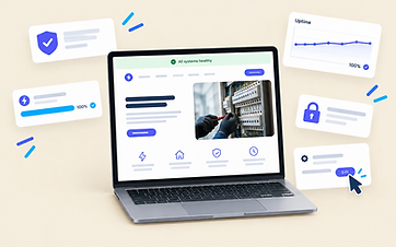 Laptop showing a healthy website with security, update and performance cards