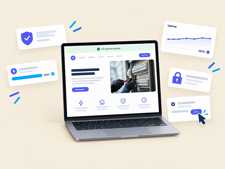 Laptop showing a healthy website with security, update and performance cards