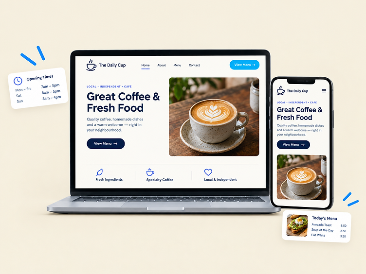 Website for a local cafe on a laptop and phone