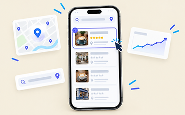 Phone showing a local cafe ranking first in search results
