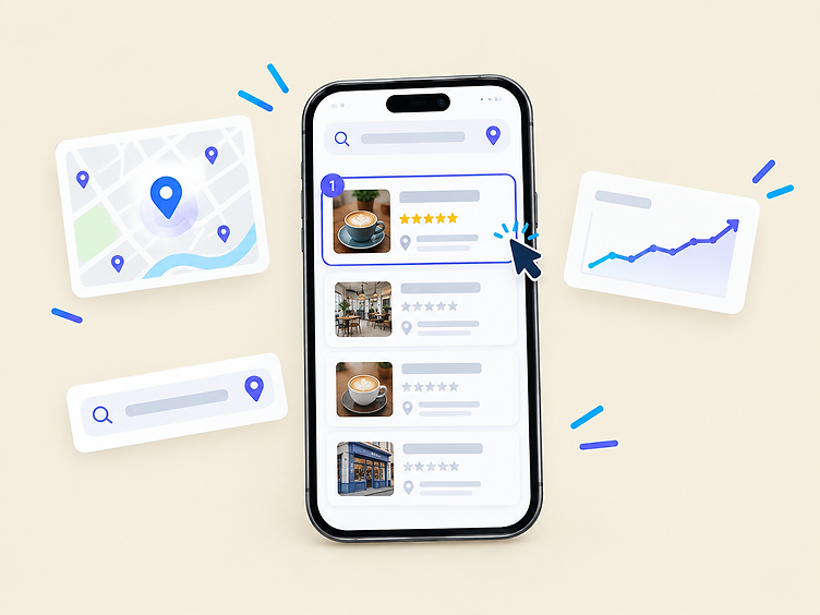 Phone showing a local cafe ranking first in search results