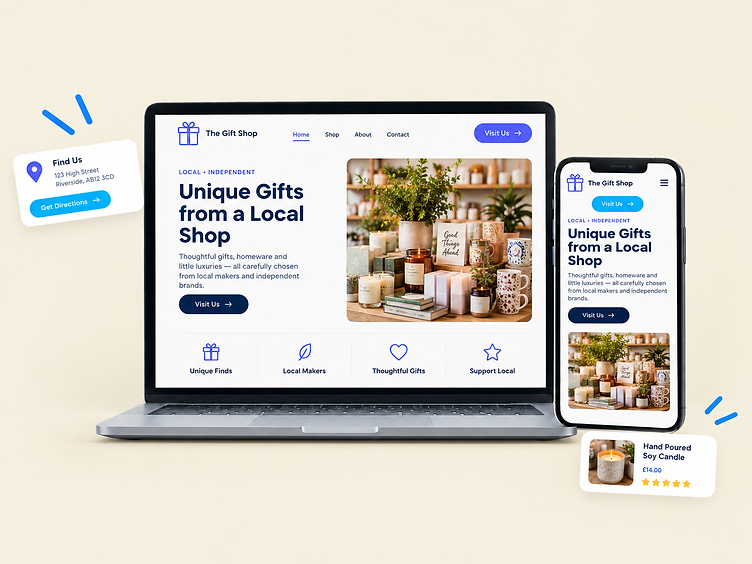 Website for a local gift shop on a laptop and phone