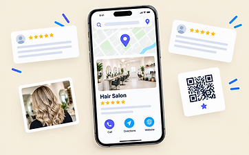 Phone showing a salon's Google listing with five-star reviews