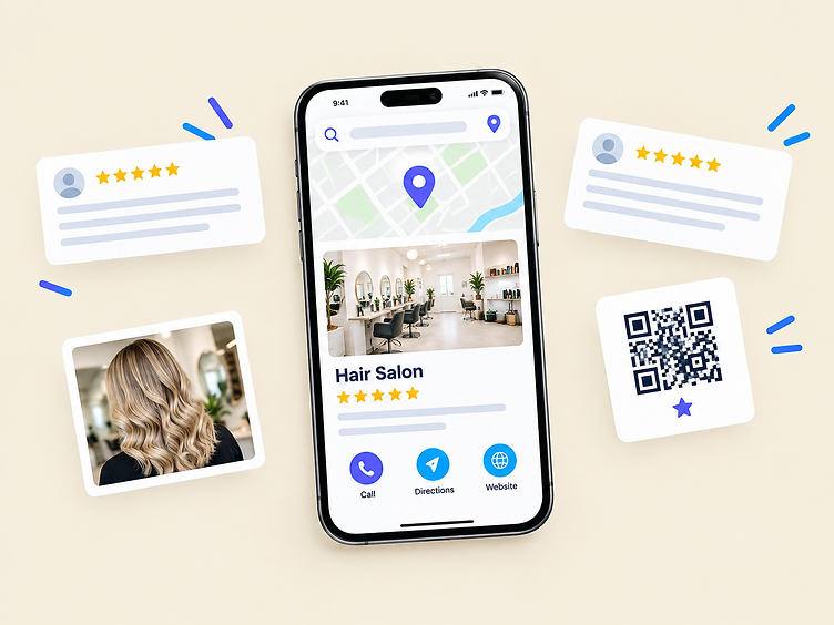 Phone showing a salon's Google listing with five-star reviews