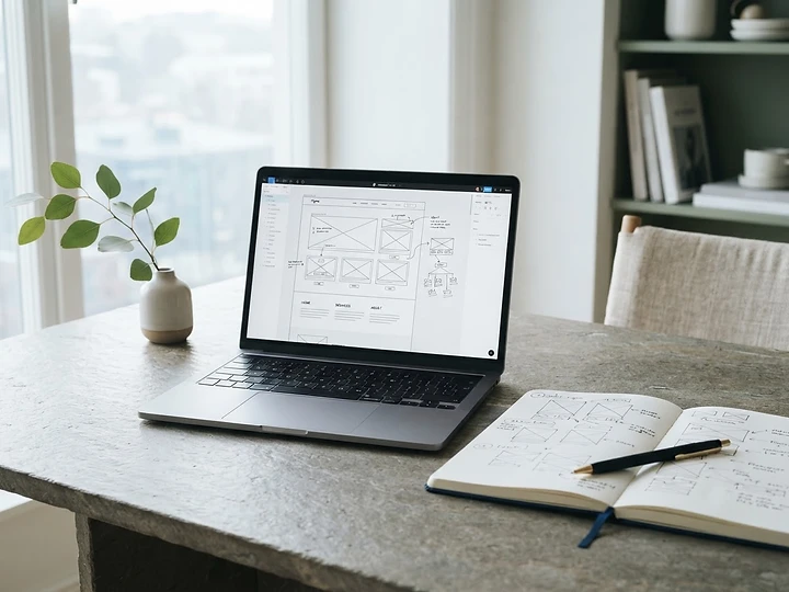 Bright creative workspace with website sketches and a laptop