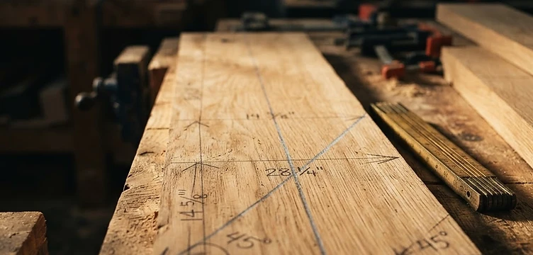 Raw oak wood planks marked with carpenter pencil cut lines in a workshop
