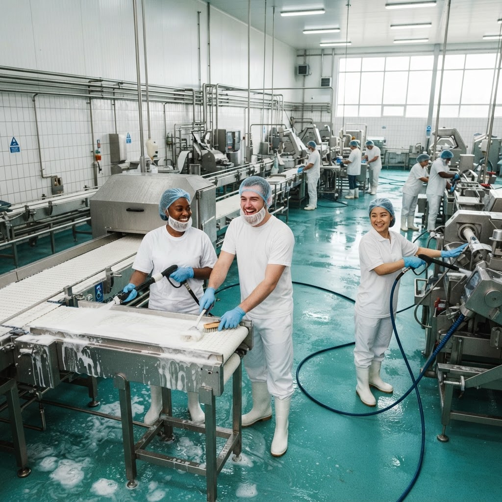 Personnel d'hygiène nettoyant une ligne de production agroalimentaire