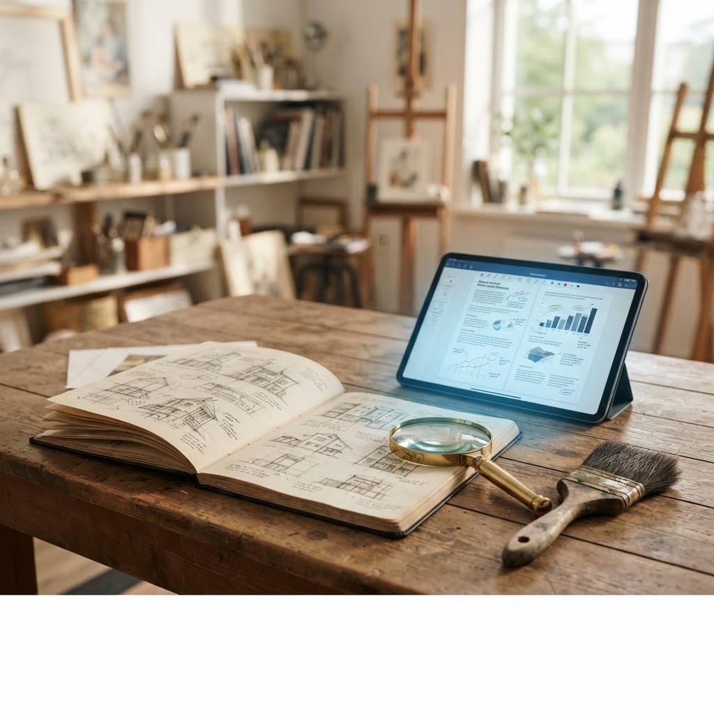 Art restoration tools and a digital tablet on a wooden workbench in a professional studio.